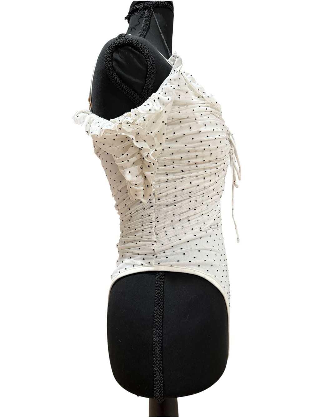 Fashion Nova Polka Dot Ruched Lace Up Ruffle Bodysuit Small - Picture 4 of 5